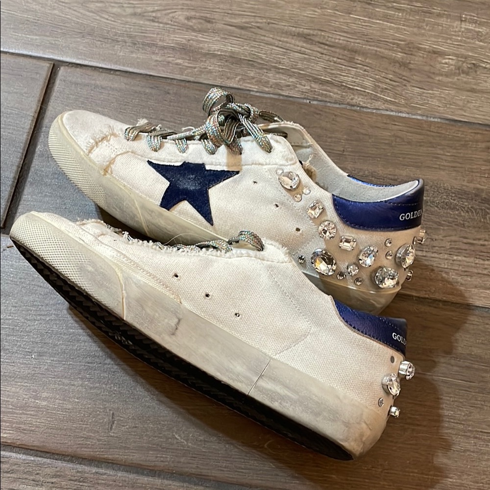 Golden Goose White Canvas Sneakers with Blue Star & Crystal Embellishments